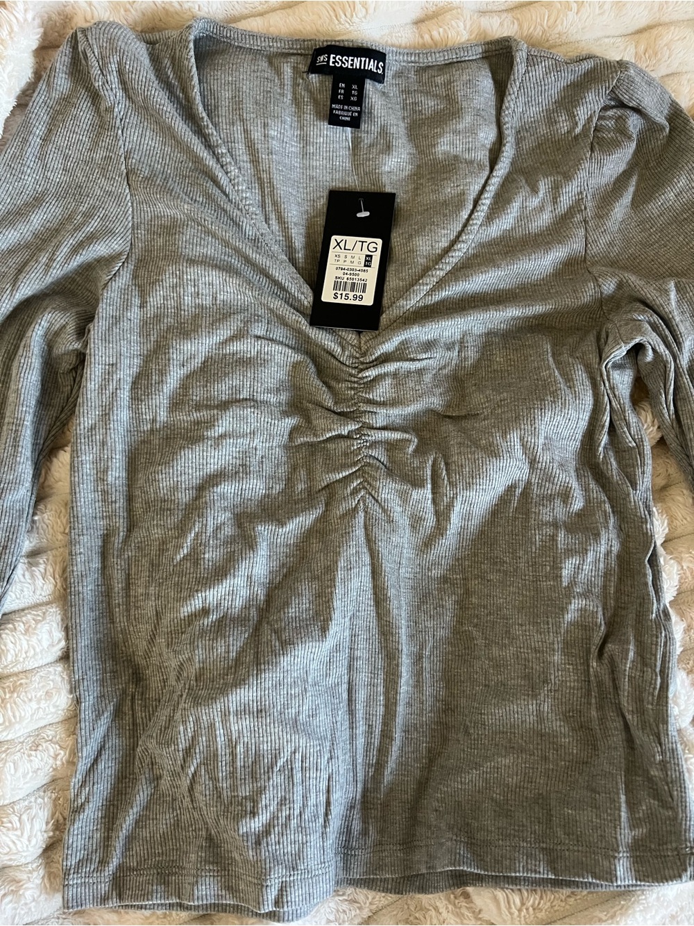 Medium Gray Ribbed V-Neck Long Sleeve Top with Center Ruched Detail